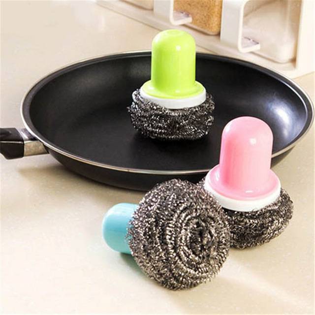 Stainless Steel Sponges With Detachable Handle Scrubbing Scouring Pad Steel Wool Scrubber For Kitchens Pot Pan Plate